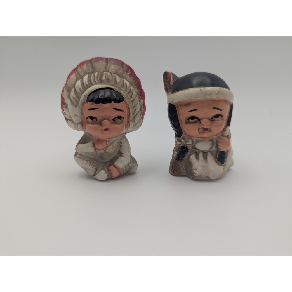 Vintage 1950s Native American Boy‎ Girl Salt Pepper Shakers Japan 2.5" Tall